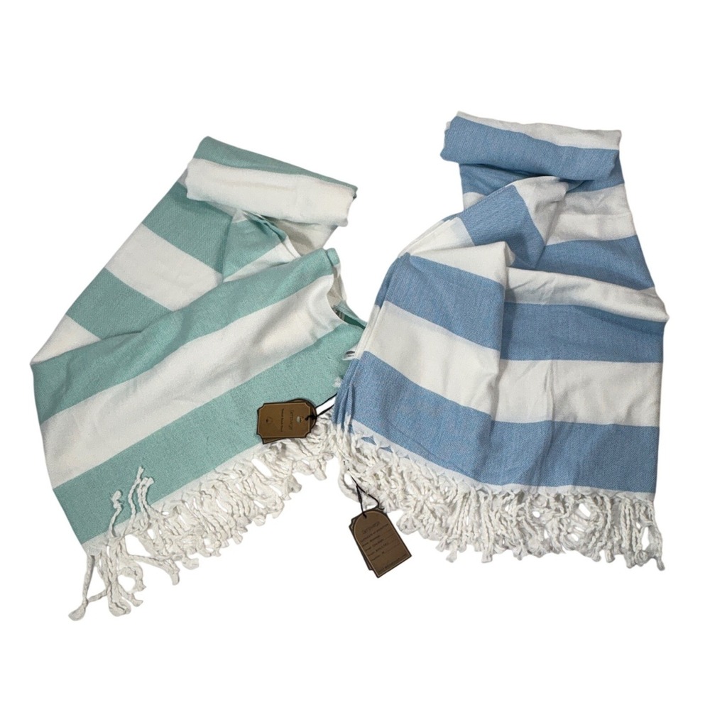 Genovega Turkish Beach Towel 2pk OS Blue & Mint Stripe Oversized Cotton Tassel